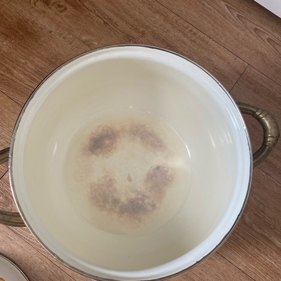 Vintage Metro Porcelain Enameled stockpot with fruit design & brass handles - Picture 3 of 7